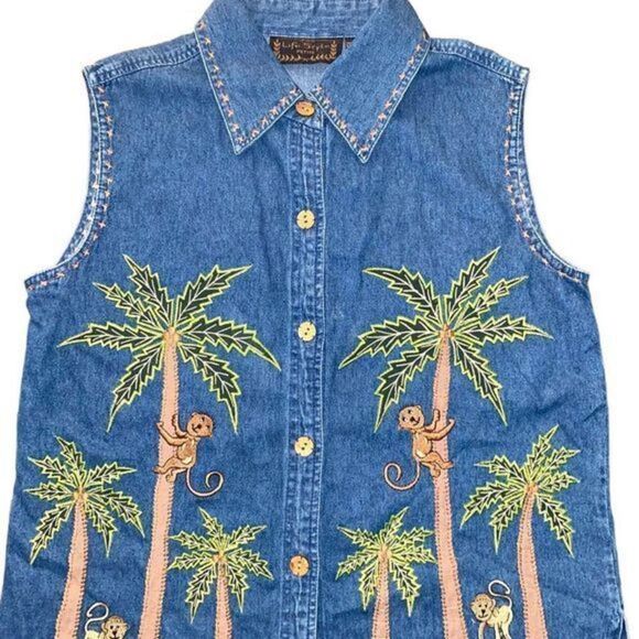 Life Style Vintage Denim Vest with Embroidered Monkeys and Palm‎ Trees - Picture 2 of 11